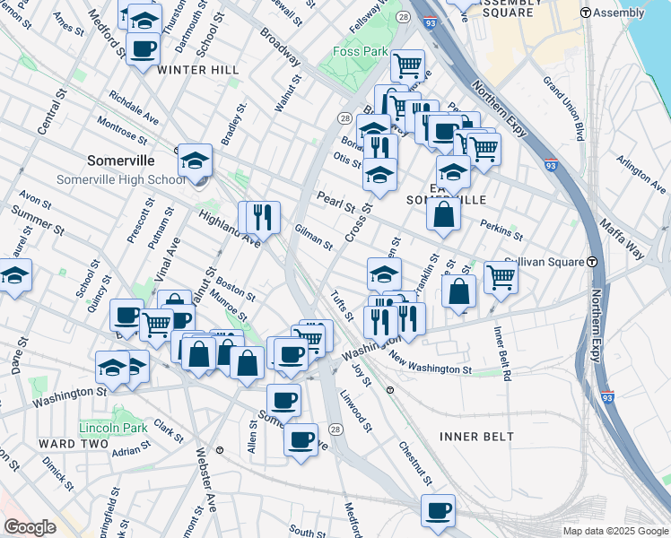 map of restaurants, bars, coffee shops, grocery stores, and more near 115 Cross Street in Somerville