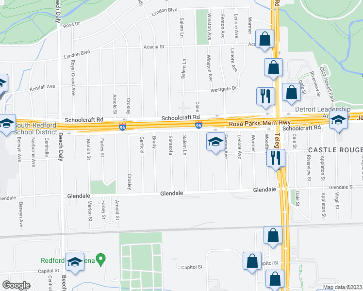 map of restaurants, bars, coffee shops, grocery stores, and more near 13535 Salem in Redford Charter Township