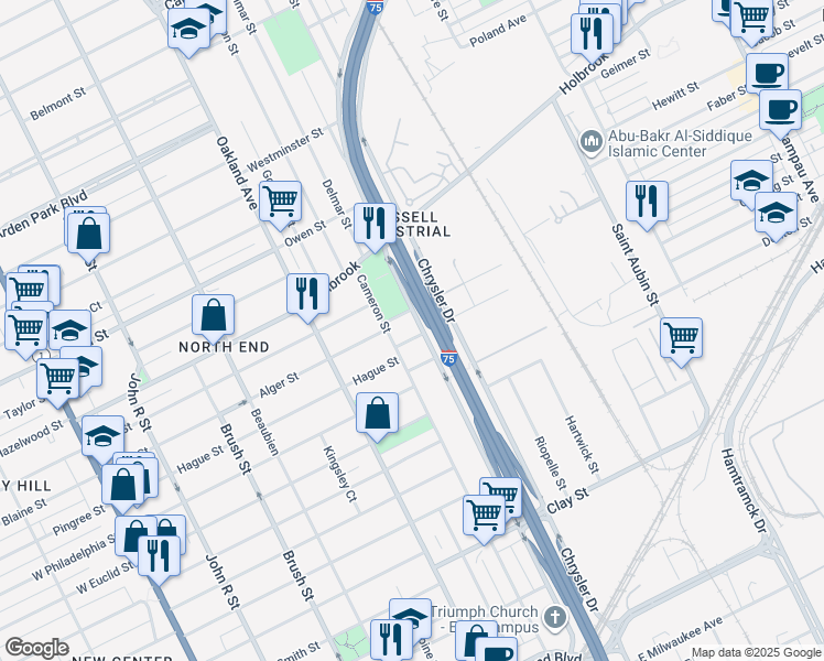map of restaurants, bars, coffee shops, grocery stores, and more near 8600 Cameron Street in Detroit