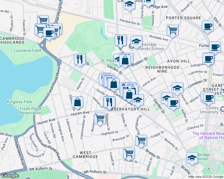 map of restaurants, bars, coffee shops, grocery stores, and more near 281 Concord Avenue in Cambridge