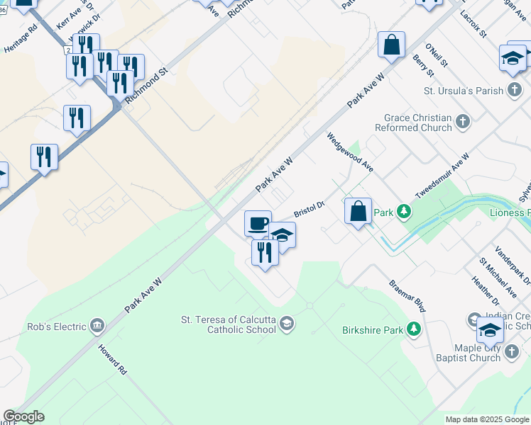 map of restaurants, bars, coffee shops, grocery stores, and more near 19 Hampton Court in Chatham