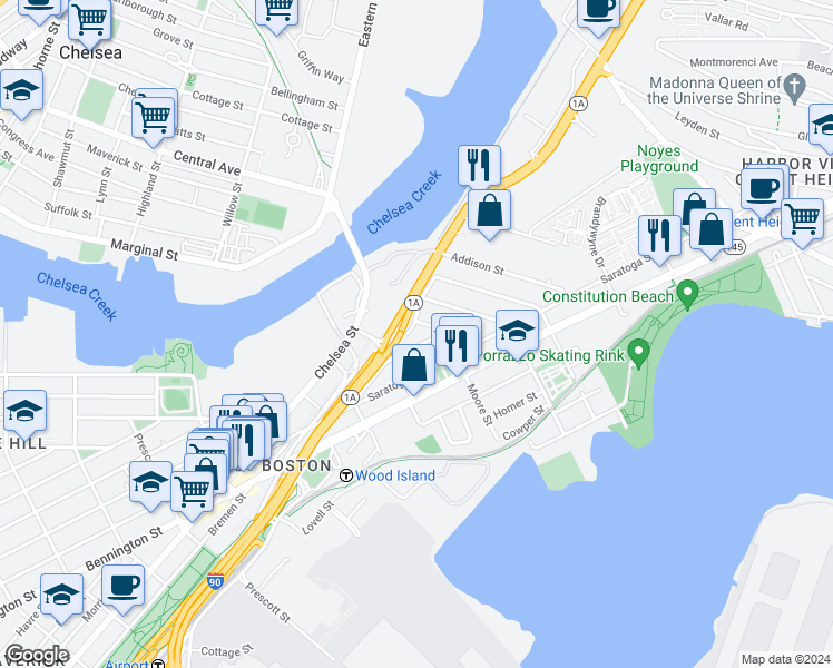 map of restaurants, bars, coffee shops, grocery stores, and more near 10 Moore Street in Boston