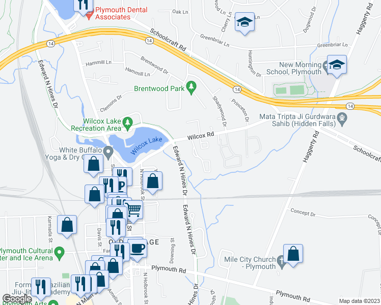 map of restaurants, bars, coffee shops, grocery stores, and more near 14141 Brougham Court in Plymouth