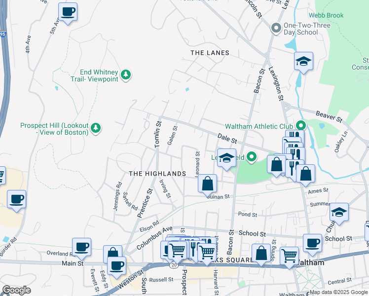 map of restaurants, bars, coffee shops, grocery stores, and more near 211 Hammond Street in Waltham