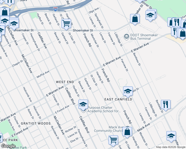 map of restaurants, bars, coffee shops, grocery stores, and more near in Detroit