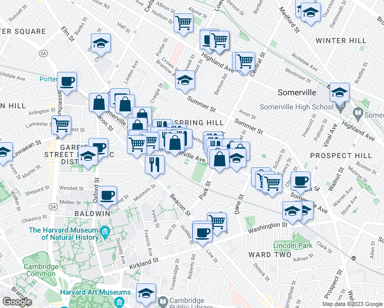 map of restaurants, bars, coffee shops, grocery stores, and more near 573A Somerville Avenue in Somerville