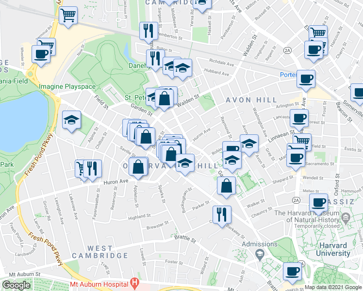 map of restaurants, bars, coffee shops, grocery stores, and more near in Cambridge