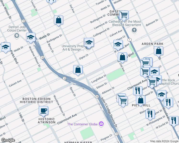 map of restaurants, bars, coffee shops, grocery stores, and more near 924 Chicago Boulevard in Detroit