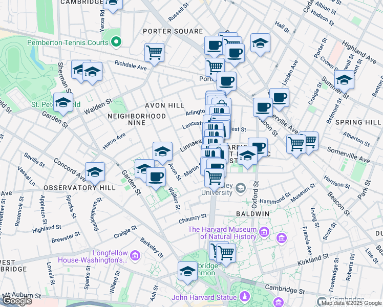 map of restaurants, bars, coffee shops, grocery stores, and more near 27 Hurlbut Street in Cambridge