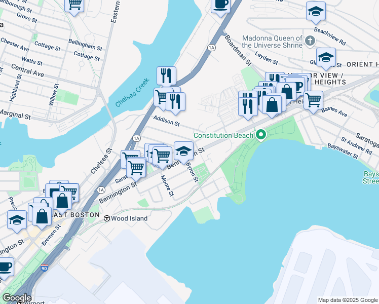 map of restaurants, bars, coffee shops, grocery stores, and more near 791 Saratoga Street in Boston