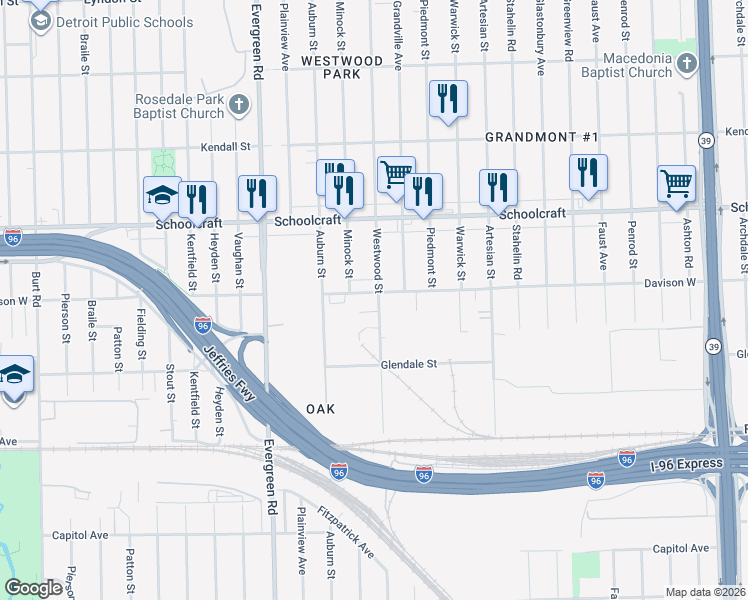 map of restaurants, bars, coffee shops, grocery stores, and more near 19411 Davison West in Detroit