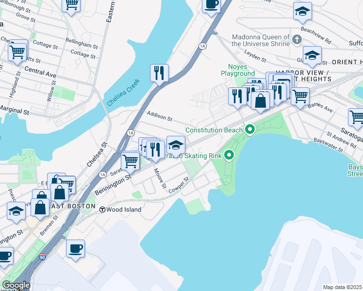 map of restaurants, bars, coffee shops, grocery stores, and more near 791 Saratoga Street in Boston
