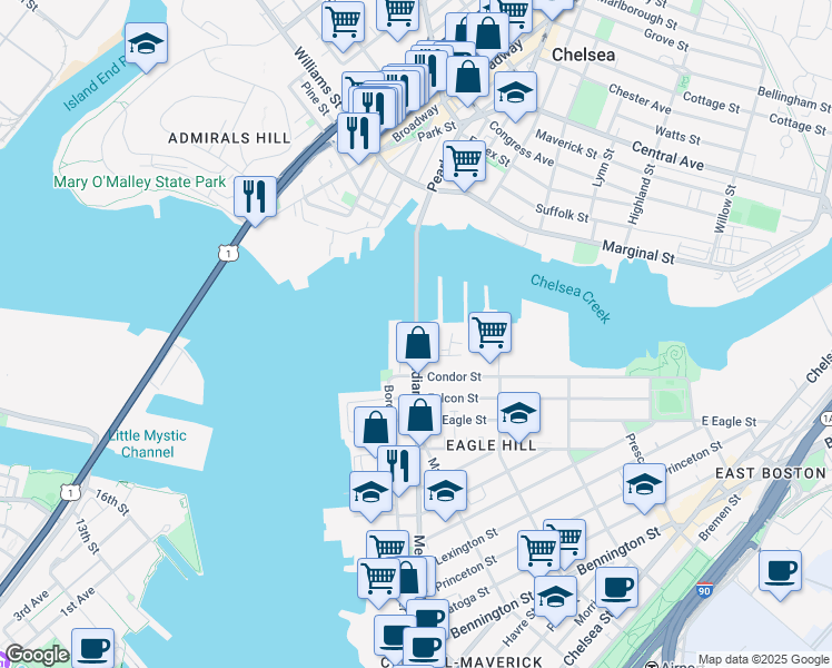 map of restaurants, bars, coffee shops, grocery stores, and more near 480 Meridian Street in Boston