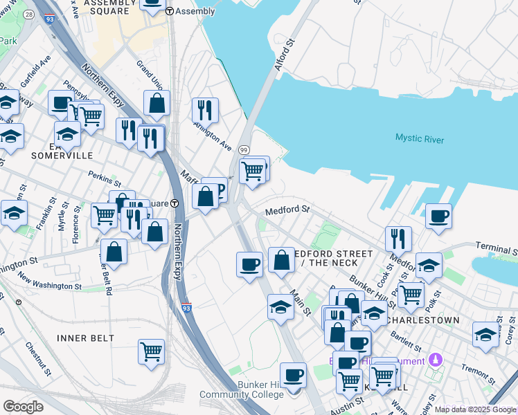 map of restaurants, bars, coffee shops, grocery stores, and more near 525 Main Street in Boston