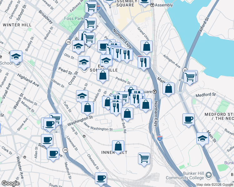 map of restaurants, bars, coffee shops, grocery stores, and more near in Somerville