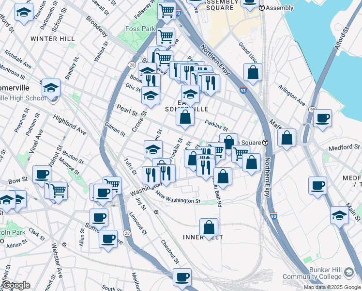map of restaurants, bars, coffee shops, grocery stores, and more near 49 Franklin Street in Somerville