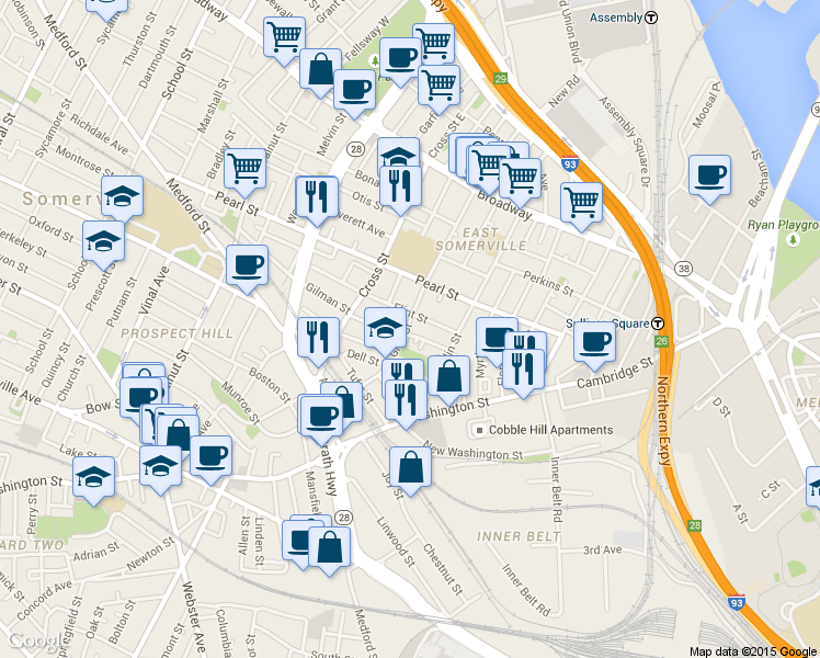 map of restaurants, bars, coffee shops, grocery stores, and more near 28 Flint Street in Somerville
