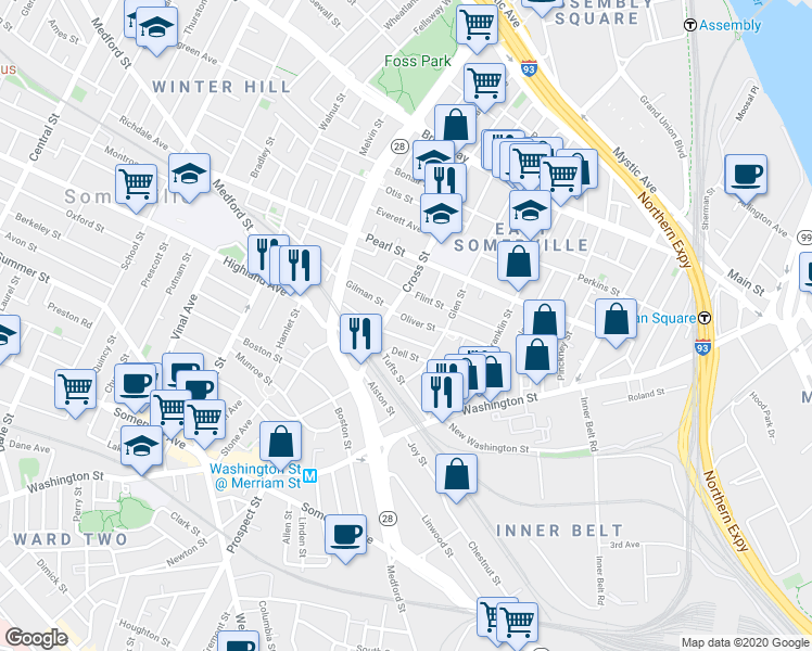 map of restaurants, bars, coffee shops, grocery stores, and more near 47 Oliver Street in Somerville