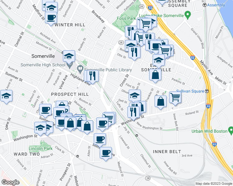 map of restaurants, bars, coffee shops, grocery stores, and more near 115 Cross Street in Somerville