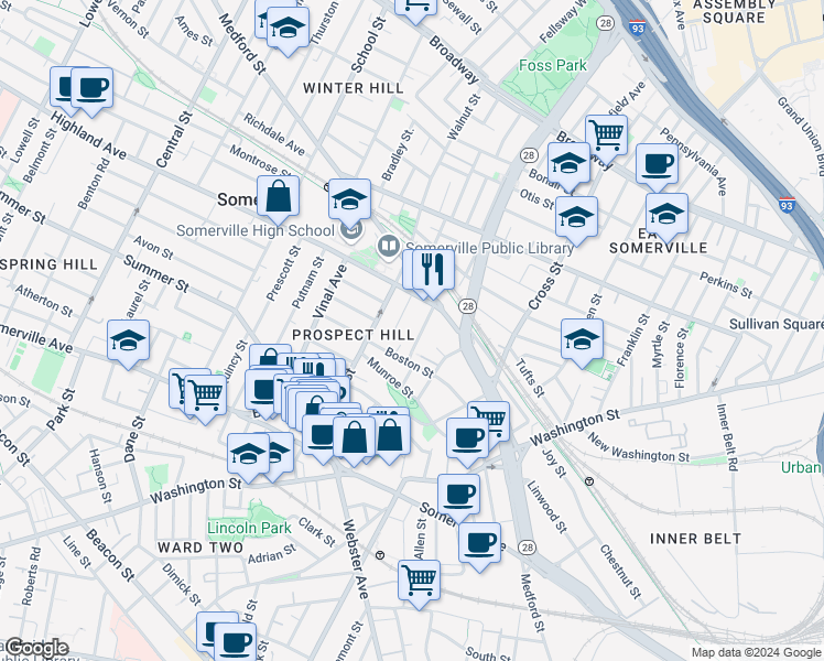 map of restaurants, bars, coffee shops, grocery stores, and more near 22 Thorpe Street in Somerville