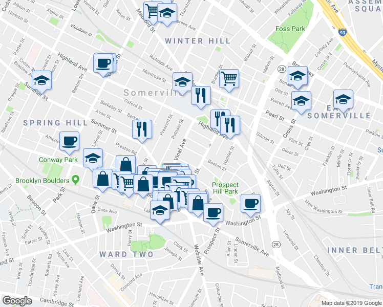 map of restaurants, bars, coffee shops, grocery stores, and more near 33 Vinal Avenue in Somerville