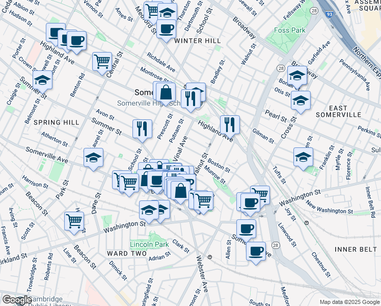 map of restaurants, bars, coffee shops, grocery stores, and more near 33 Vinal Avenue in Somerville