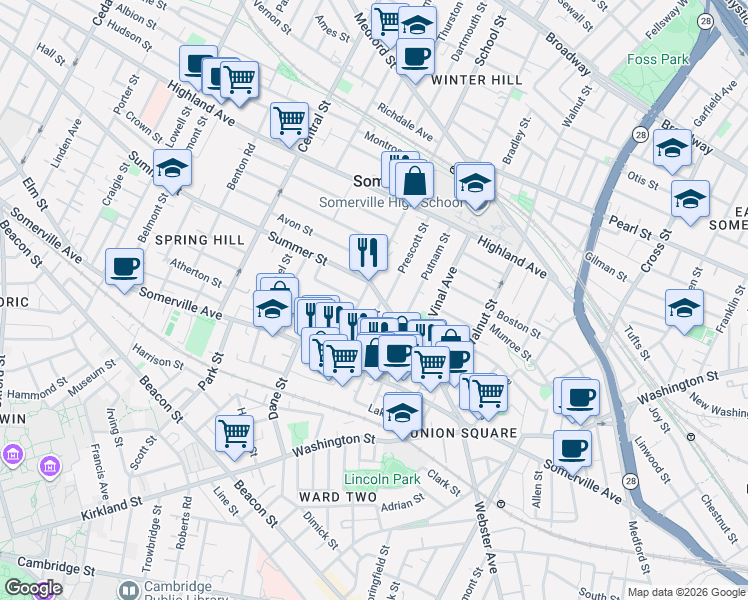 map of restaurants, bars, coffee shops, grocery stores, and more near 59 Summer Street in Somerville