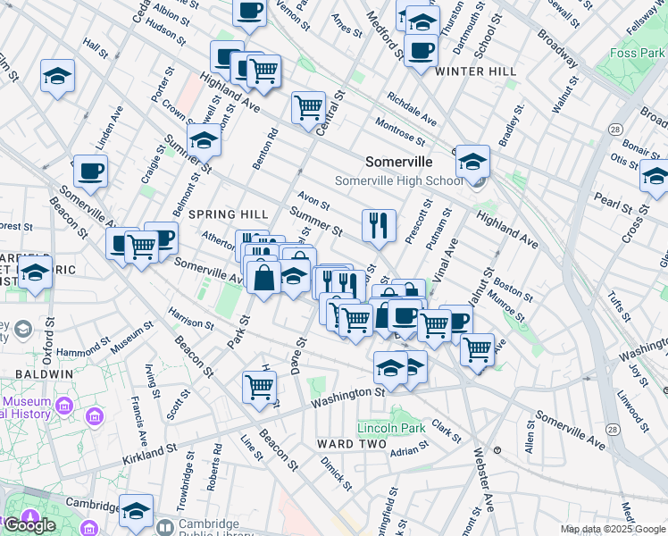 map of restaurants, bars, coffee shops, grocery stores, and more near 27 Osgood Street in Somerville