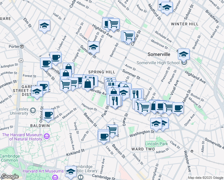 map of restaurants, bars, coffee shops, grocery stores, and more near 15 Central Street in Somerville