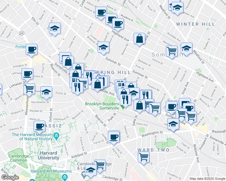 map of restaurants, bars, coffee shops, grocery stores, and more near 19 Cypress Street in Somerville