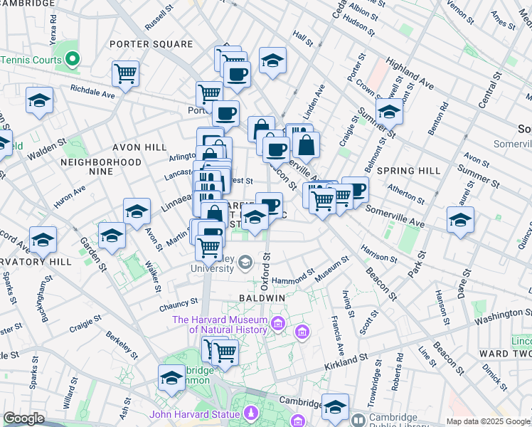 map of restaurants, bars, coffee shops, grocery stores, and more near 119 Oxford Street in Cambridge