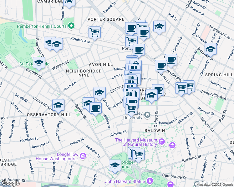 map of restaurants, bars, coffee shops, grocery stores, and more near 27 Hurlbut Street in Cambridge