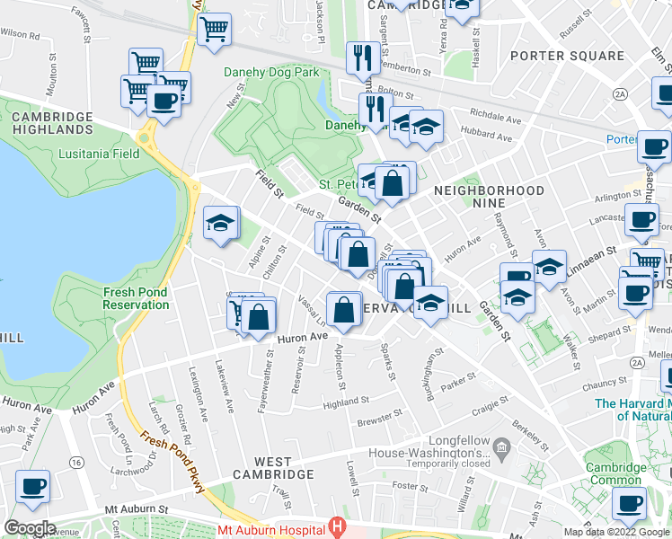 map of restaurants, bars, coffee shops, grocery stores, and more near 302 Concord Avenue in Cambridge