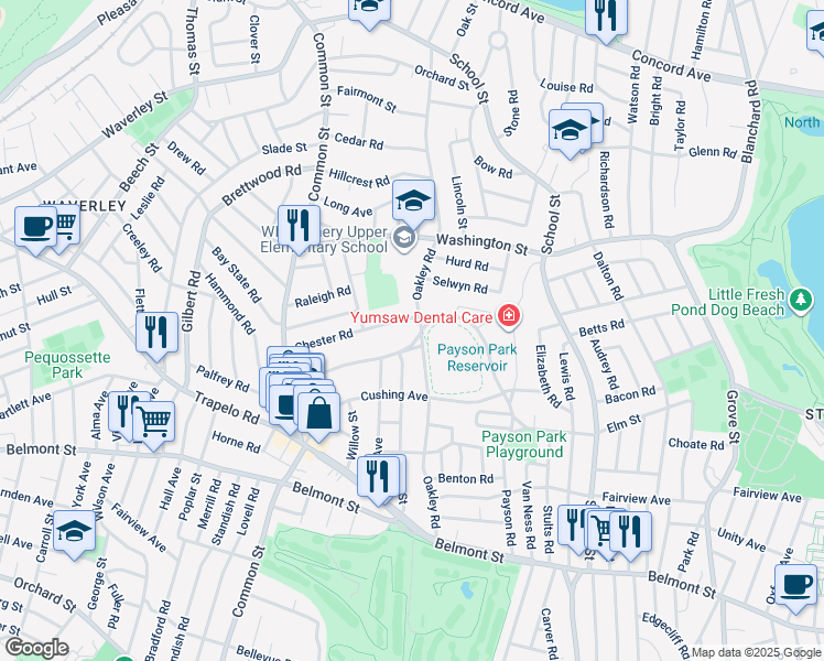 map of restaurants, bars, coffee shops, grocery stores, and more near 148 Oakley Road in Belmont