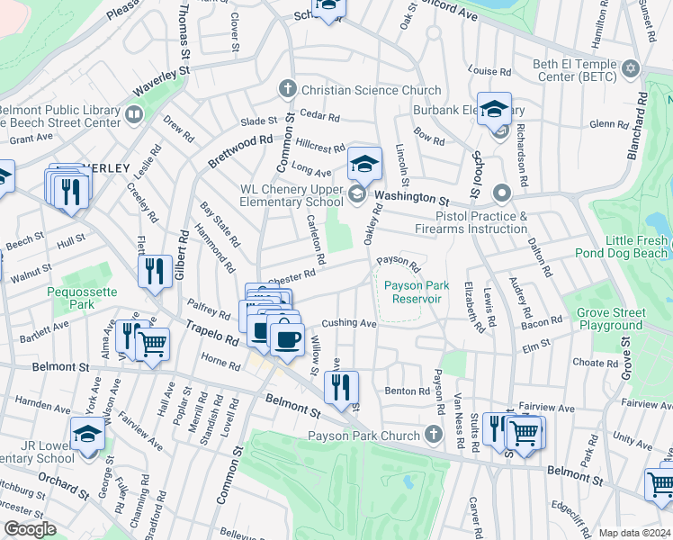 map of restaurants, bars, coffee shops, grocery stores, and more near 62 Chester Road in Belmont