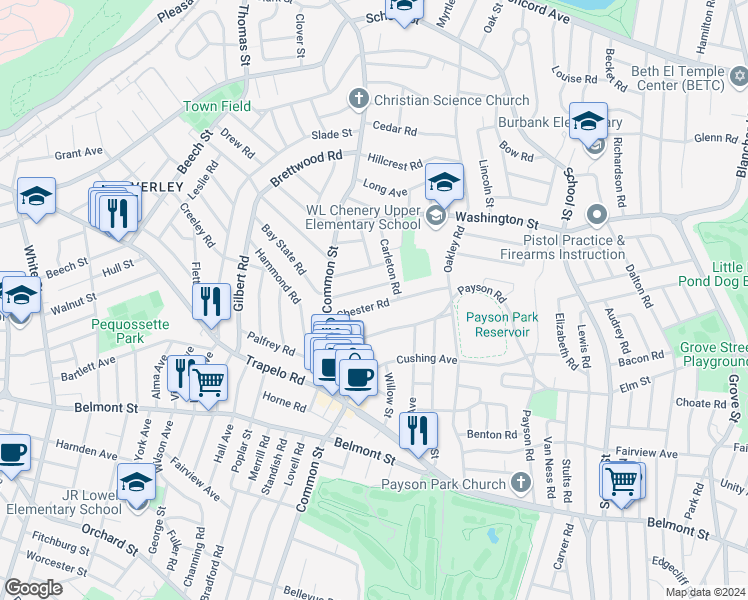 map of restaurants, bars, coffee shops, grocery stores, and more near 45 Warwick Road in Belmont