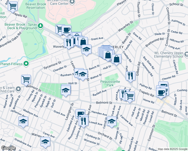 map of restaurants, bars, coffee shops, grocery stores, and more near 91R Walnut Street in Belmont