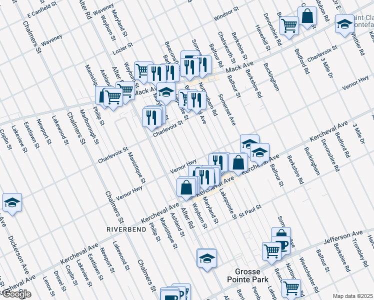 map of restaurants, bars, coffee shops, grocery stores, and more near 1324 Maryland Street in Grosse Pointe Park