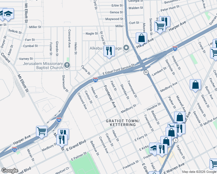 map of restaurants, bars, coffee shops, grocery stores, and more near 6215 Field Street in Detroit