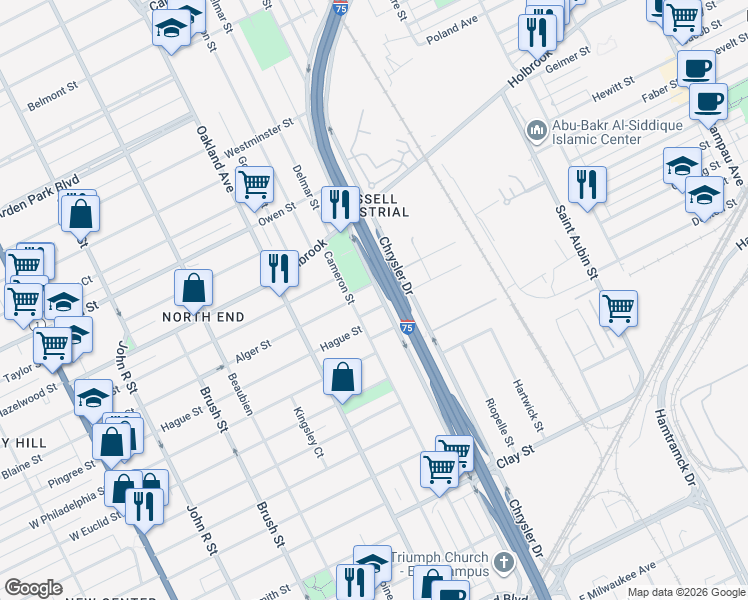 map of restaurants, bars, coffee shops, grocery stores, and more near 1151 Hague Street in Detroit