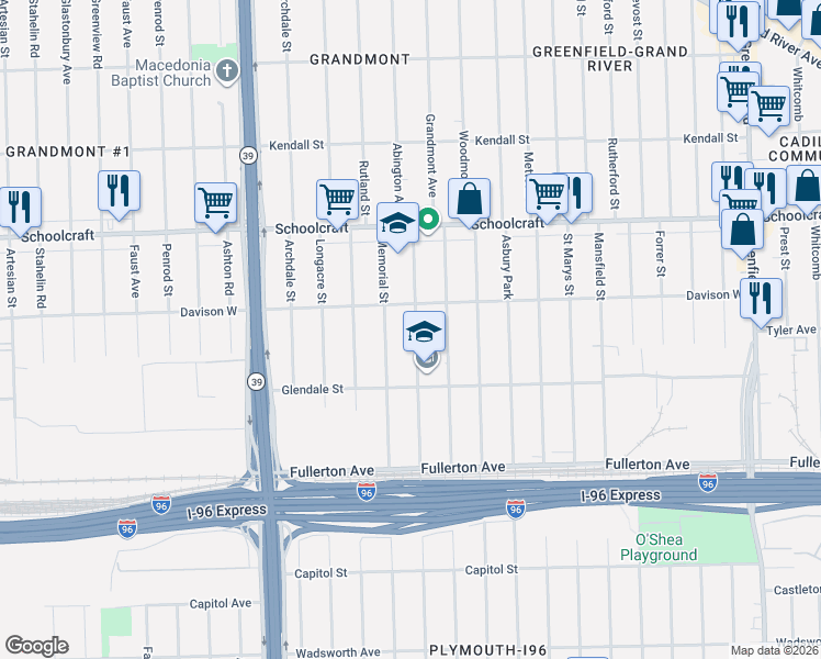 map of restaurants, bars, coffee shops, grocery stores, and more near 12927 Abington Avenue in Detroit