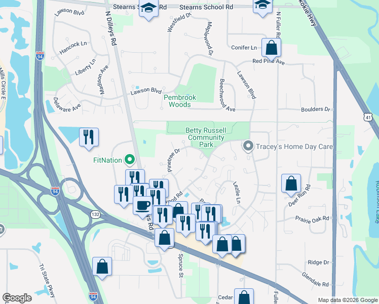 map of restaurants, bars, coffee shops, grocery stores, and more near 1679 Pinetree Drive in Gurnee