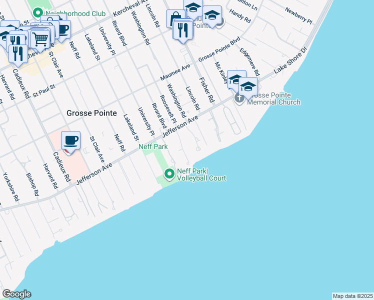 map of restaurants, bars, coffee shops, grocery stores, and more near 6 Cameron Place in Grosse Pointe