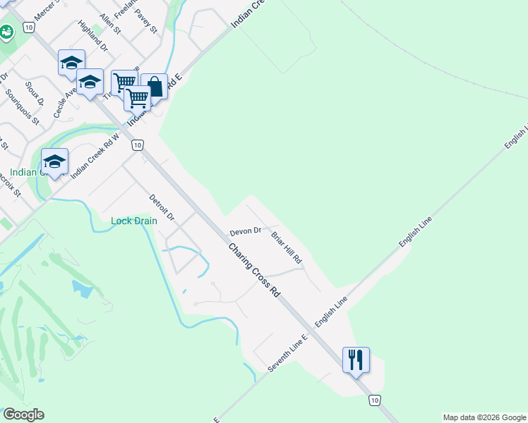 map of restaurants, bars, coffee shops, grocery stores, and more near 32 Briar Hill Road in Chatham-Kent