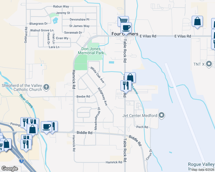 map of restaurants, bars, coffee shops, grocery stores, and more near 2882 Beebe Road in Central Point