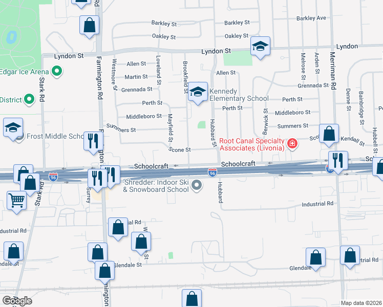 map of restaurants, bars, coffee shops, grocery stores, and more near 32531 Scone Street in Livonia