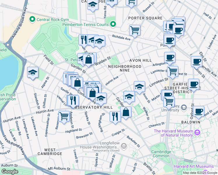map of restaurants, bars, coffee shops, grocery stores, and more near 99 Garden Street in Cambridge