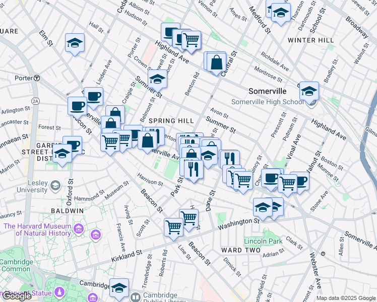 map of restaurants, bars, coffee shops, grocery stores, and more near 15 Central Street in Somerville