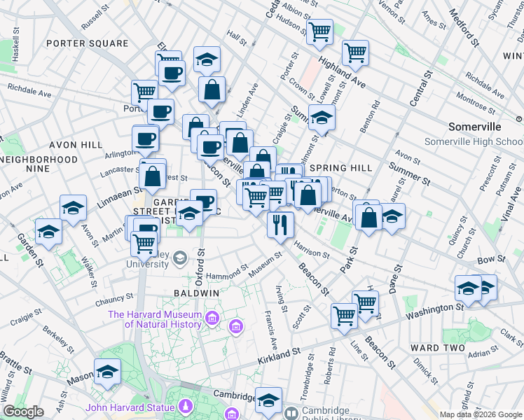 map of restaurants, bars, coffee shops, grocery stores, and more near 275 Beacon Street in Somerville