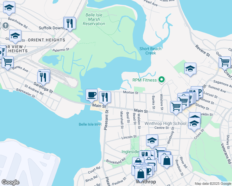 map of restaurants, bars, coffee shops, grocery stores, and more near 53 Pleasant Park Road in Winthrop